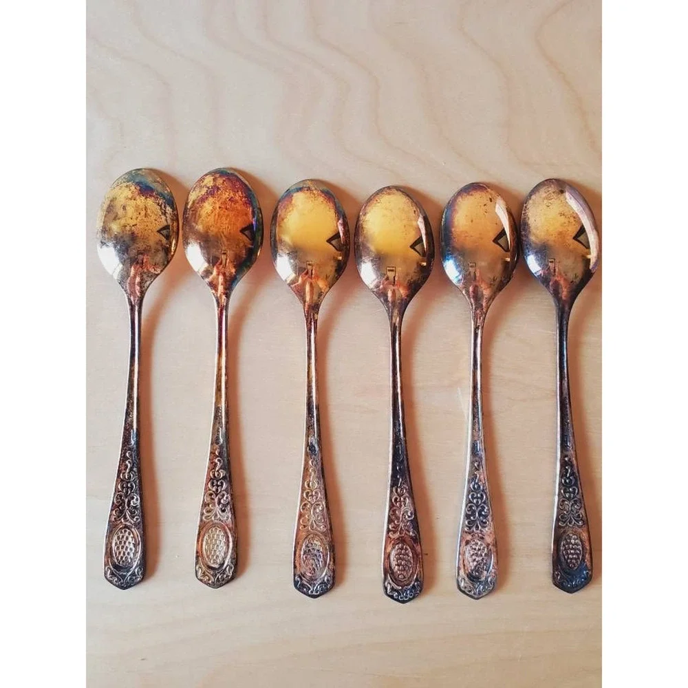 Set of 6 Spoons Elegant Design Silver Gold Tarnished With Box New